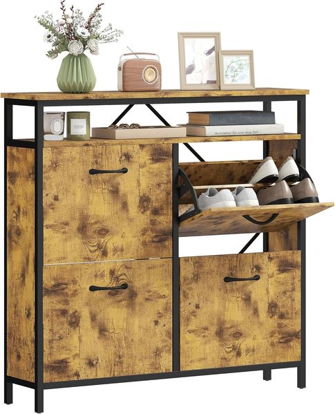 HOMCOM Schuhkipper mit 4 Klappen, verstellbar Trennwand, offenem Fach (schmal Schuhschrank, 1 St, Schuhregal für 12-20 Paar Schuhe), für Flur, Eingang 98x24x95cm Rustikal Braun