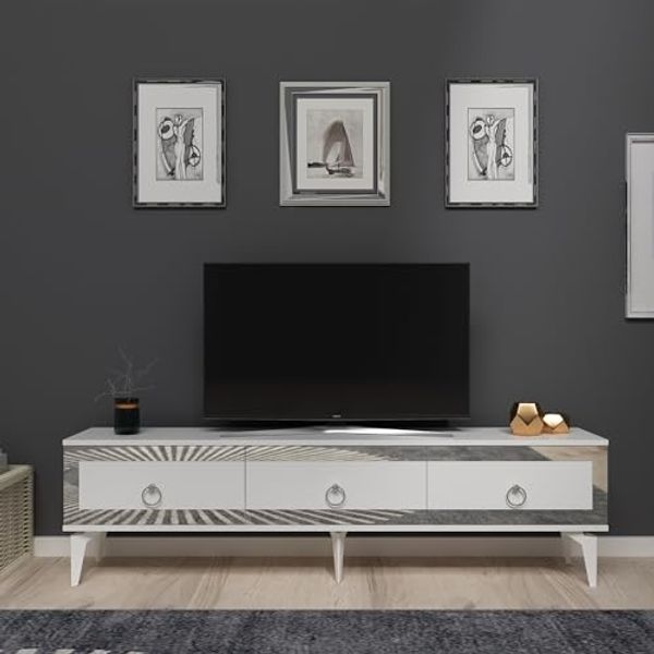 Hanah Home Stylish TV Stand, White & Silver, 180 x 44.6 x 29.6 cm | 100% Melamine Coated Particle Board, 18 mm Thick | Modern Design for Living Room & Entertainment Spaces