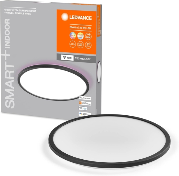 LEDVANCE SMART+ ORBIS WiFi-Panelleuchte, schwarz, 25W, 2940lm, 400mm, regulierbares Weißlicht (2700K-6500K), Rahmen mit RGB-Farblicht, dimmbar, steuerbar per App, kompatibel mit Amazon, Google und Co.