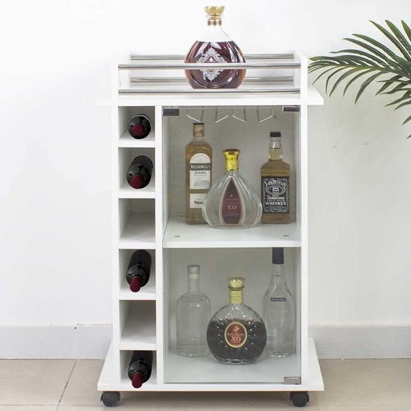 BAKAJI Mobile Bar Weinflaschenhalter Holz Keller 6-Sitzer Kelch weiß, Holzwerkstoff, 55 x 40 x 89 cm