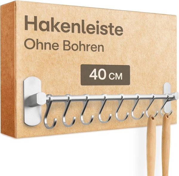 Praknu Hakenleiste Hakenleiste für Küchenutensilien mit 8 Haken - Ohne Bohren, (Set, 8 St), Verstellbar & Selbstklebend 40 cm - ohne Bohren