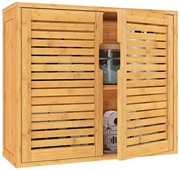 VIAGDO Badezimmerschrank Hängend Bambus Wandschrank, Hängeschrank Küchenschrank Badezimmer Regal Medizinschrank mit höhenverstellbarer Regalebene, Badschrank Wandmontage, Wandregal, 20. 7 x 59 x 51 cm