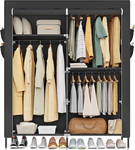 SONGMICS Stoffschrank mit Kleiderstange, Kleiderschrank mit Seitentaschen, Schrank für Schlafzimmer, 3 Hängefächer, schwarz