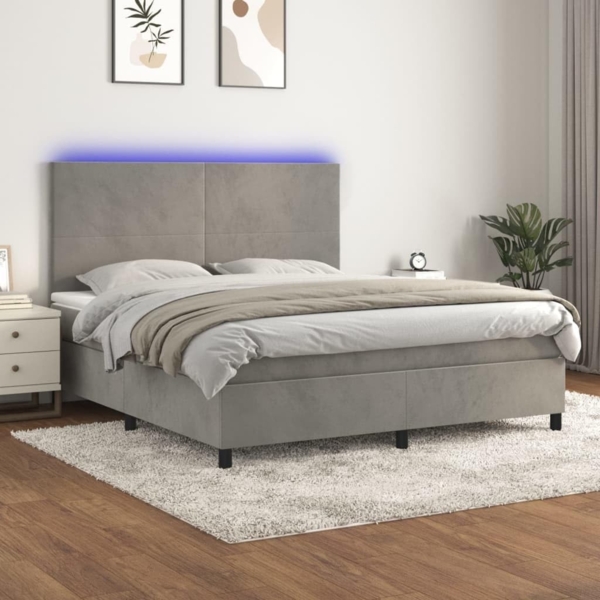 vidaXL Boxspringbett mit Matratze & LED Hellgrau 180x200 cm Samt 3136017