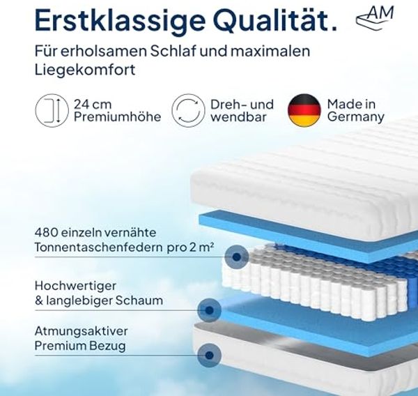 AM Qualitätsmatratzen Hochwertige 7-Zonen Taschenfederkernmatratze 200x200 cm H5-24 cm Premiumhöhe - Tonnentaschenfederkernmatratze 200x200 cm - extra fest Bild 3