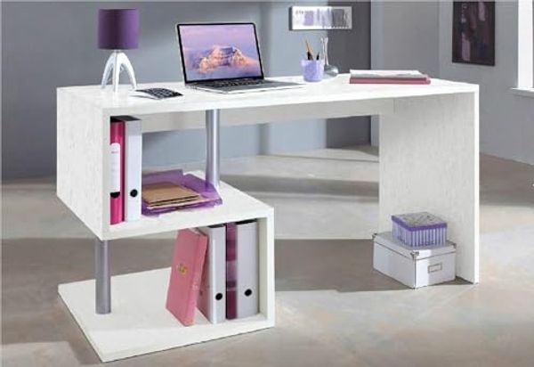 Dmora Esse moderner Schreibtisch für Büro und Arbeitszimmer mit Regal, Made in Italy, Computertisch, PC-Schreibtisch, 140x60h75 cm, Farbe Asche weiß
