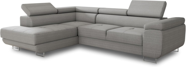 Ecksofa Caris mit Schlaffunktion und einstellbare Kopfstützen, Cord Stoff, Wohnlandschaft mit Bettkasten, Couch, Sofa, Bettsofa (Grau (Poso 110), Ecksofa Links)