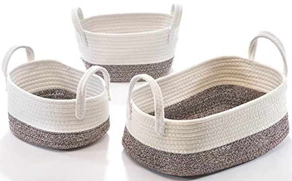Kobolo Aufbewahrungskorb Baumwollkorb oval weiß beige mit Griffen 3er Set