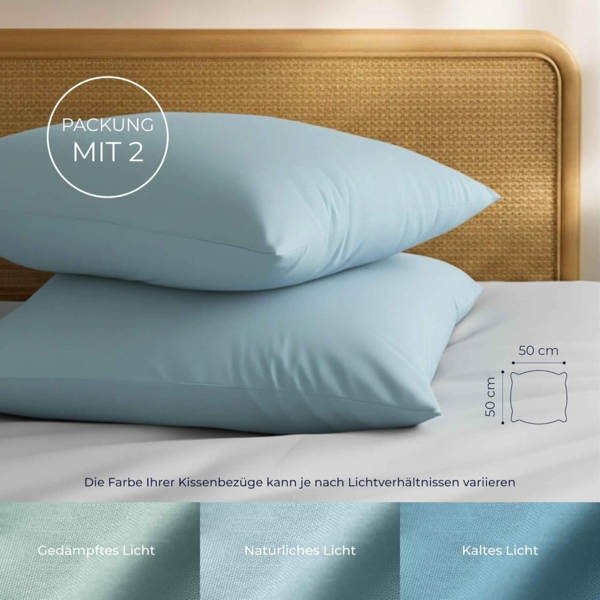 Kissenbezug 50x50 Baumwolle Renforcé (2er-Set) - Hellblau - Dicht gewebt mit 57 Fäden/cm² - Kissenhülle 50x50 cm - Oeko Tex Zertifiziert - Dreamzie Bild 2