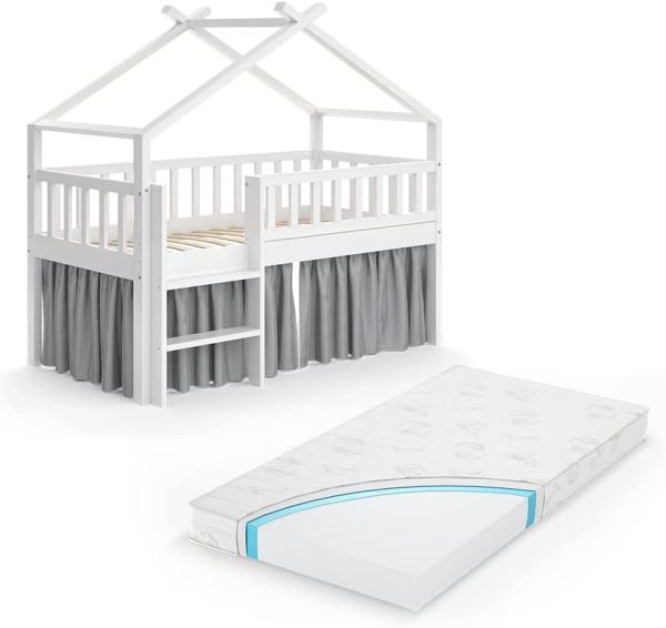 VitaliSpa Kinderbett Bettenhaus Einzelbett Adis Weiß modern 168x158 cm Kinderzimmer Rausfallschutz Massivholz Lattenrost Bettleiter Hausbett Hochbett Matratze