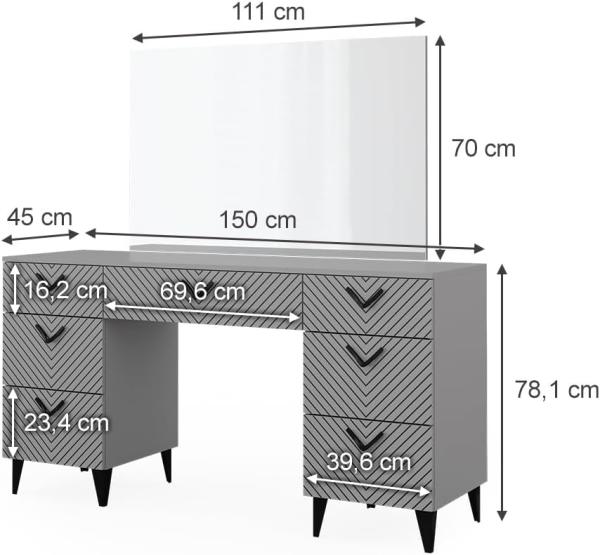 Vicco Schminktisch Grau 150 cm mit 7 Schubladen, Anett Bild 3