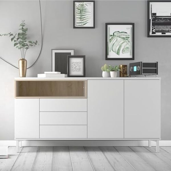Dmora - Kommode Madeleine, Wohnzimmerbuffet, Wohnzimmer-Sideboard, Moderne Küchen-Speisekammer, 176x48 h90 cm, Weiß und Eiche