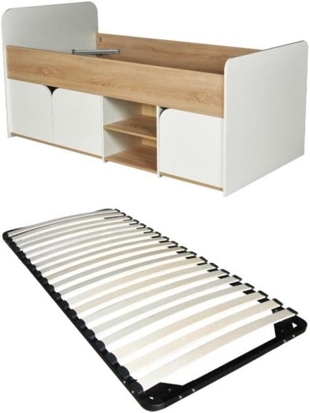 Vente-unique - Bett 90 x 190 cm mit Stauraum - Farbe: Natur und weiß + Lattenrost - LOSTYA Bild 1