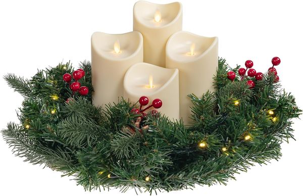 BONETTI Adventskranz Künstlicher Adventskranz mit Lichterkette und 4 LED Kerzen, batteriebetrieben, Ø 40cm, Tannenkranz mit Zapfen, Beeren, flammenlos