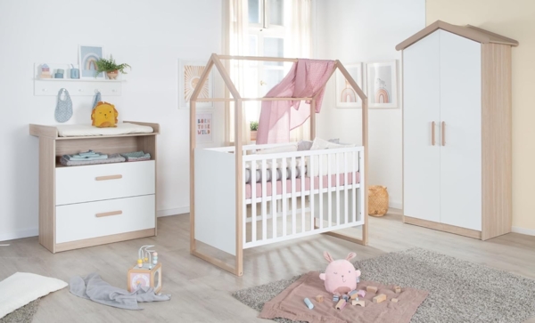 roba® Wickelkommode Cabane mit abnehmbaren Aufsatz - Mitwachsende Babykommode, Offenes Fach + 2 Schubladen mit Vollauszug - Holzgriffe - Weiß/ Eiche Bild 7