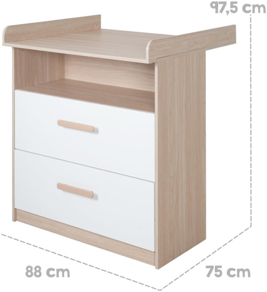 roba® Wickelkommode Cabane mit abnehmbaren Aufsatz - Mitwachsende Babykommode, Offenes Fach + 2 Schubladen mit Vollauszug - Holzgriffe - Weiß/ Eiche Bild 10