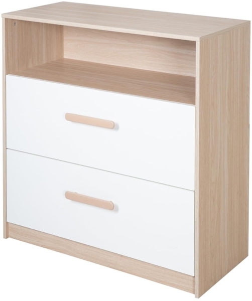 roba® Wickelkommode Cabane mit abnehmbaren Aufsatz - Mitwachsende Babykommode, Offenes Fach + 2 Schubladen mit Vollauszug - Holzgriffe - Weiß/ Eiche Bild 3