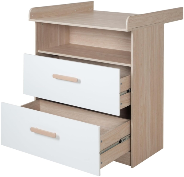 roba® Wickelkommode Cabane mit abnehmbaren Aufsatz - Mitwachsende Babykommode, Offenes Fach + 2 Schubladen mit Vollauszug - Holzgriffe - Weiß/ Eiche Bild 2