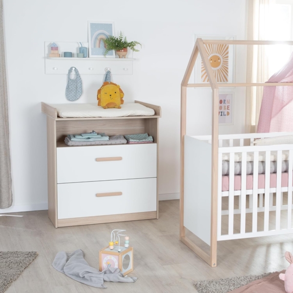 roba® Wickelkommode Cabane mit abnehmbaren Aufsatz - Mitwachsende Babykommode, Offenes Fach + 2 Schubladen mit Vollauszug - Holzgriffe - Weiß/ Eiche Bild 5