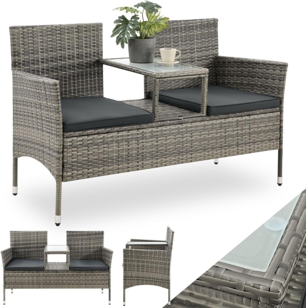 Juskys 'Monaco' 2-Sitzer Gartenbank mit Tisch und Kissen, Polyrattan grau, 133 × 63 × 84 cm
