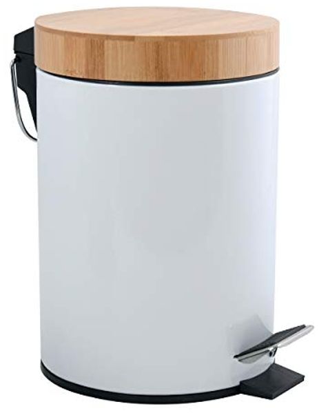 MSV Kosmetikeimer 3 Liter Edelstahl Bambus mit Absenkautomatik und Inneneimer Aza Badezimmer Mülleimer Softclose Abfalleimer Weiß