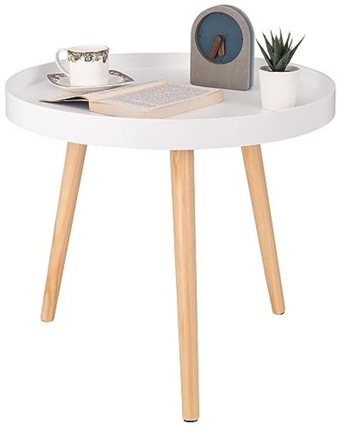 WOLTU Beistelltisch rund klein Couchtisch Blumenständer Nachttisch Massiv Holz skandinavisches Design Weiß 50x44 cm (ø x H) TS143ws