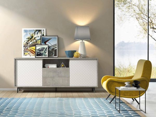 Dmora - Kommode Garofano, Buffetschrank mit 2 Türen und 2 Schubladen, elegantes Wohnzimmer-Sideboard, TV-Schrank, 100 % Made in Italy, 184 x 45 x 77 cm, Weiß und Zement