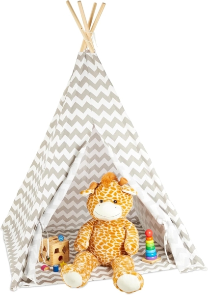 Relaxdays Tipi Zelt, Spielzelt mit Boden, inklusive Tragetasche, Wigwam Kinderzelt, HxBxT: 160 x 115 x 115 cm, weiß-grau