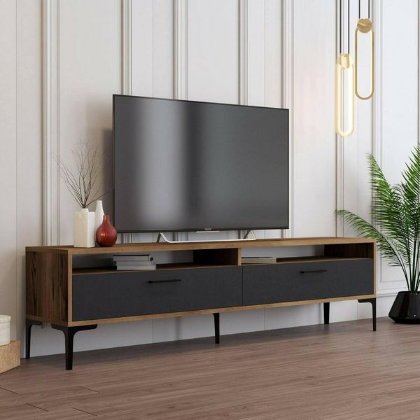 Dmora - Fernsehschrank Eltanin, Ständer für Wohnzimmerfernseher, Niedriges Wohnzimmer-Sideboard, TV-Ständerbasis, 180x47h35 cm, Walnuss und Anthrazit