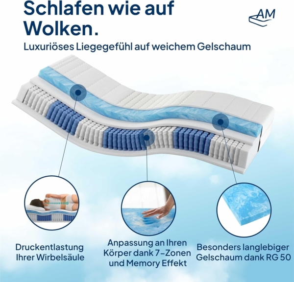 AM Qualitätsmatratzen - Premium Gelschaum-Matratze 100x200 cm H2-1000 Federn - Taschenfederkernmatratze Gelschaum 100x200-6 cm Gelschaum-Auflage - 24cm Höhe - Made in Germany 200x200 cm H3 Bild 5