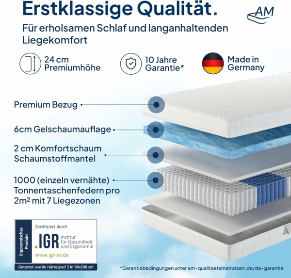 AM Qualitätsmatratzen - Premium Gelschaum-Matratze 100x200 cm H2-1000 Federn - Taschenfederkernmatratze Gelschaum 100x200-6 cm Gelschaum-Auflage - 24cm Höhe - Made in Germany 200x200 cm H3 Bild 3