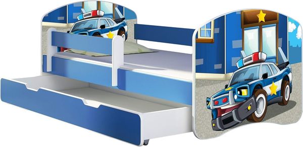 ACMA Kinderbett Jugendbett mit Einer Schublade und Matratze Blau mit Rausfallschutz Lattenrost II 140x70 160x80 180x80 (38 Polizei, 180x80 + Bettkasten)