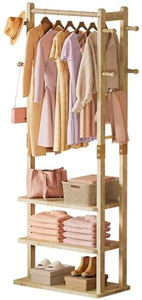 Yorbay Kleiderständer Garderobenständer aus Massivholz mit Ablagebrettern & Haken, Offener Kleiderschrank für Flur, Schlafzimmer
