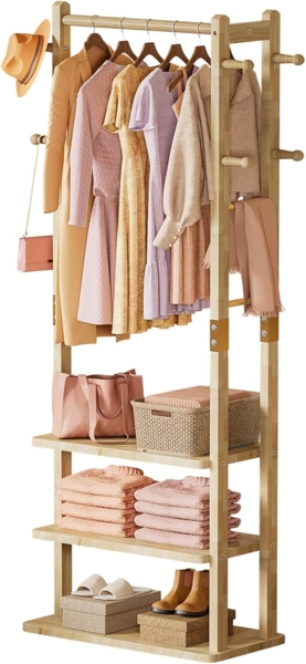 Yorbay Kleiderständer Garderobenständer aus Massivholz mit Ablagebrettern & Haken, Offener Kleiderschrank für Flur, Schlafzimmer