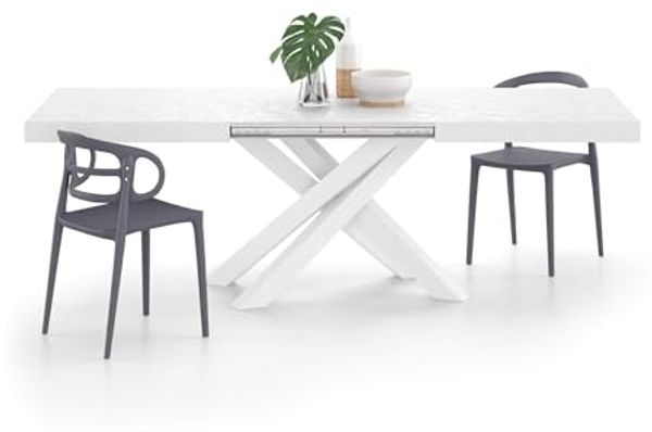MOBILI FIVER, Ausziehbarer Tisch Emma 160, weißer Beton, mit weißen X-Beinen, Laminiert/Eisen, Made in Italy