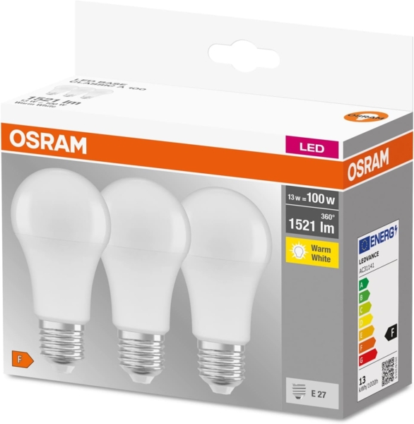 OSRAM LED Base Classic A, in Kolbenform mit E27-Sockel, Nicht Dimmbar, Ersetzt 100 Watt, Matt, Warmweiß - 2700 Kelvin, 10x3er-Pack Bild 4