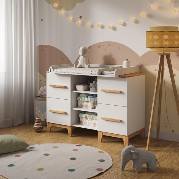 Wickelkommode Malia Weiß/Artisan 133 x 98 cm XL mit 4 Schubladen Vitalispa