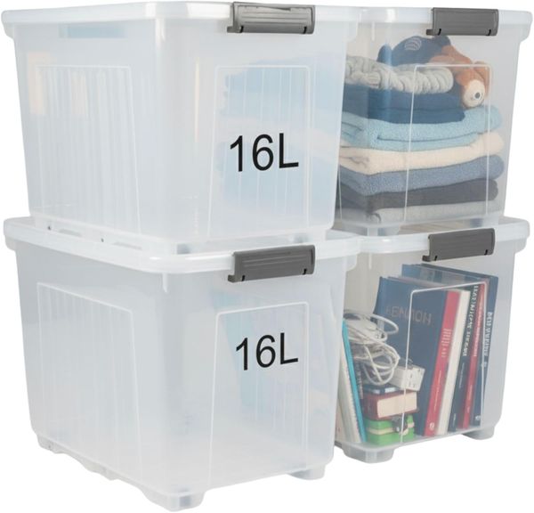 Plastard Aufbewahrungsbox mit Deckel & Rollen 15 - 110 Liter Stapelbar, Transportbox, Regalbox (4er-Set, 4 St), Lagerbox, Spielzeugbox, BPA-Frei, Storagebox für Spielzeug, mit Clips