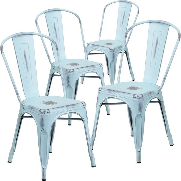Flash Furniture Blake Stapelstuhl aus Metall, für drinnen und draußen, 4 Stück, Used-Look, Grün/Blau