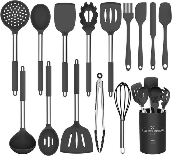 Silikon-Kochutensilien-Set, 15-teilig, antihaftbeschichtet, hitzebeständig, mit Edelstahlgriff schwarz