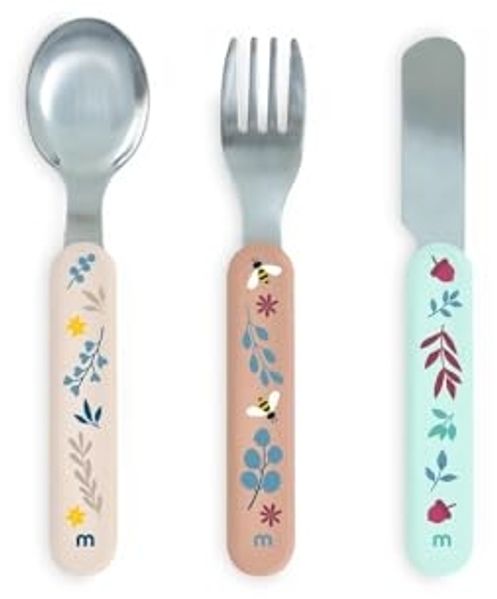 Miniland Steel Cutlery Set Dreamland - Kinderbesteck aus Edelstahl, mit Löffel, Gabel und Messer, BPA-freie Griffe