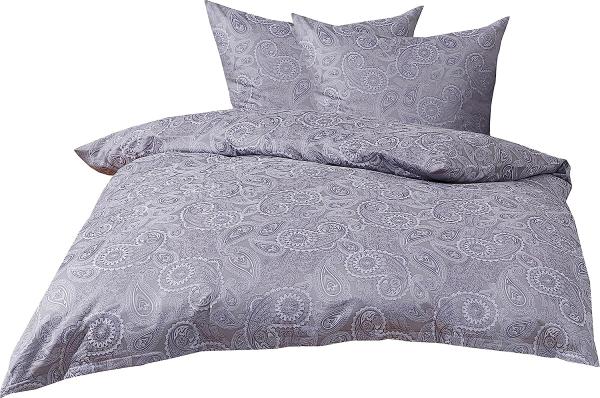 Bettwaesche-mit-Stil Mako-Satin Damast Paisley Bettwäsche "Davos" weiß-grau Garnitur 200x220 + 2x 80x80