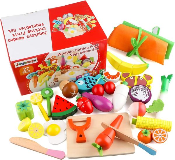 Jacootoys Küchenspielzeug 24 Teile Holz Spielzeug Lebensmittel Obst Gemüse Ebensmittel Küche Kinder Pädagogisches Lernen Set mit magnetischer Verbindung