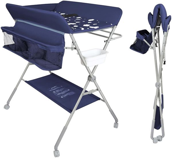 Baby Klappbarer Wickeltisch,Mobiler Wickeltisch mit Rollen und Wickelauflage,Wasserdicht und Höhenverstellbar,Baby Wickelkombi mit Ablagefächern-80 * 58 * 90 cm-Marineblau