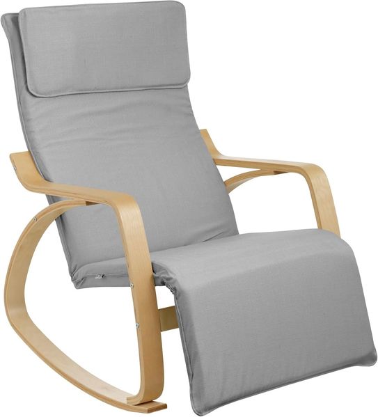 Baroni Home Schaukelstuhl mit Armlehnen aus Holz, ergonomisch, aus Stoff mit Kopfstütze und 5 Höhen verstellbaren Fußstütze. 150 kg belastbar, Wohn- oder Schlafzimmer, Grau, 82 x 67 x 98 cm