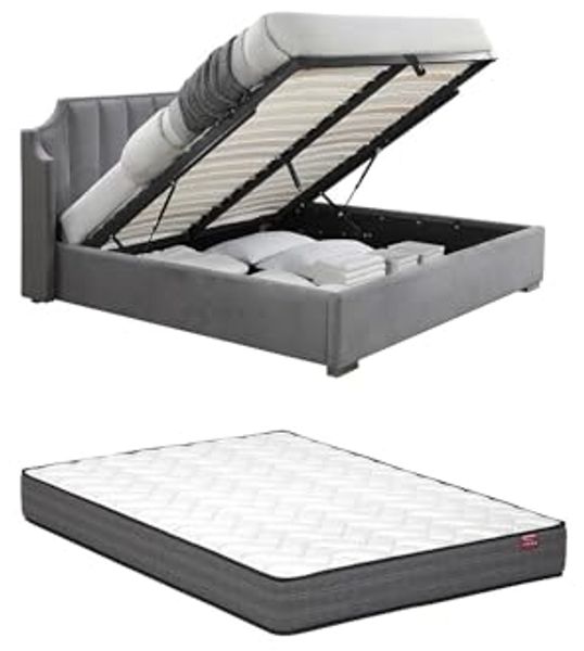 Vente-unique - TEOMIS Bett StoffSamt Grau - B 216 cm x H 122,5 cm x L 204 cm