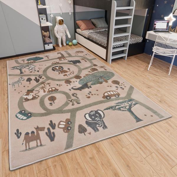 Hanse Home Adventures Kinderteppich - Tier Dschungel Spielteppich Straße Straßenteppich Teppich Junge Mädchen für Kinderzimmer, Spielteppich, Jugendzimmer, Wohnzimmer - Braun Grau, 120x170 cm