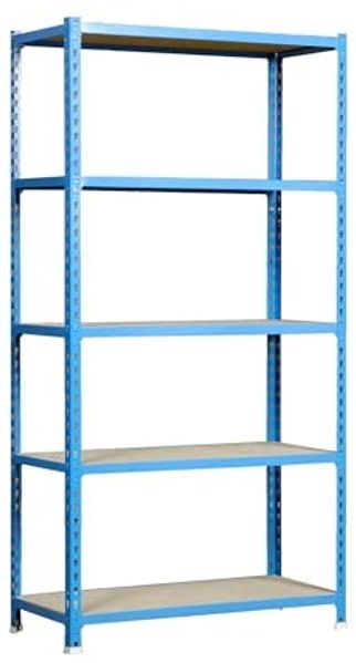 Simon Rack Schwerlastregal, 2000 x 1200 x 300 mm, Bis 200 kg Belastbar, 5 Verstellbare Ablagen, MDF-Platten, Kellerregal, Lagerregal, Blau/Holz - Simonclick