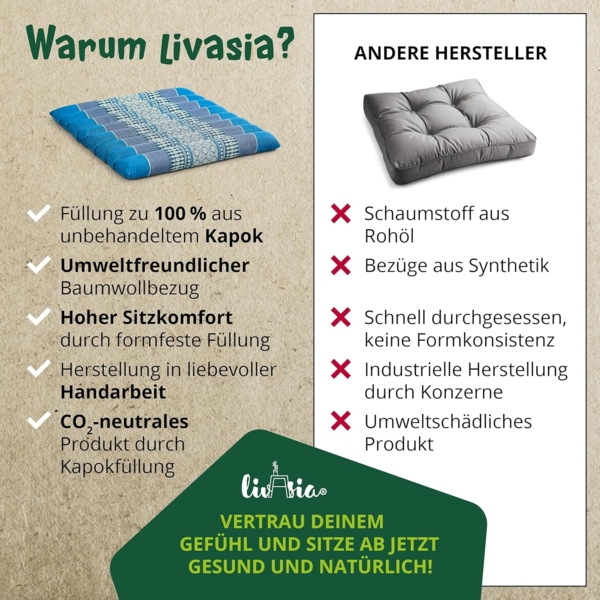 livasia Sitzkissen Steppkissen 35 cm, vegan und handgefertigt, 35 x 35 x 4,5 cm, Kapok Bild 5