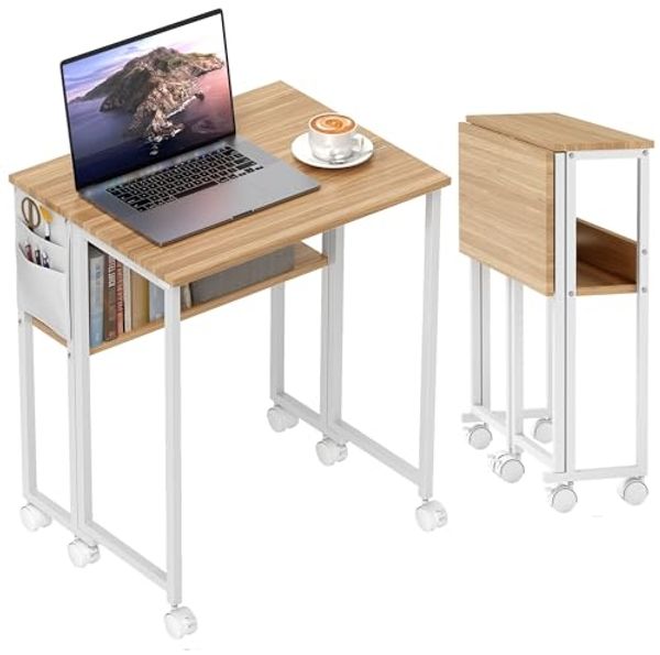 HOMCOM Schreibtisch Klappbar Klein 63 cm, mit Rollen, Regal, Aufbewahrungstasche (Klappschreibtisch, 1-St, Platzsparend Computertisch), mit Regal, Aufbewahrungstasche, für Home Office, Natur